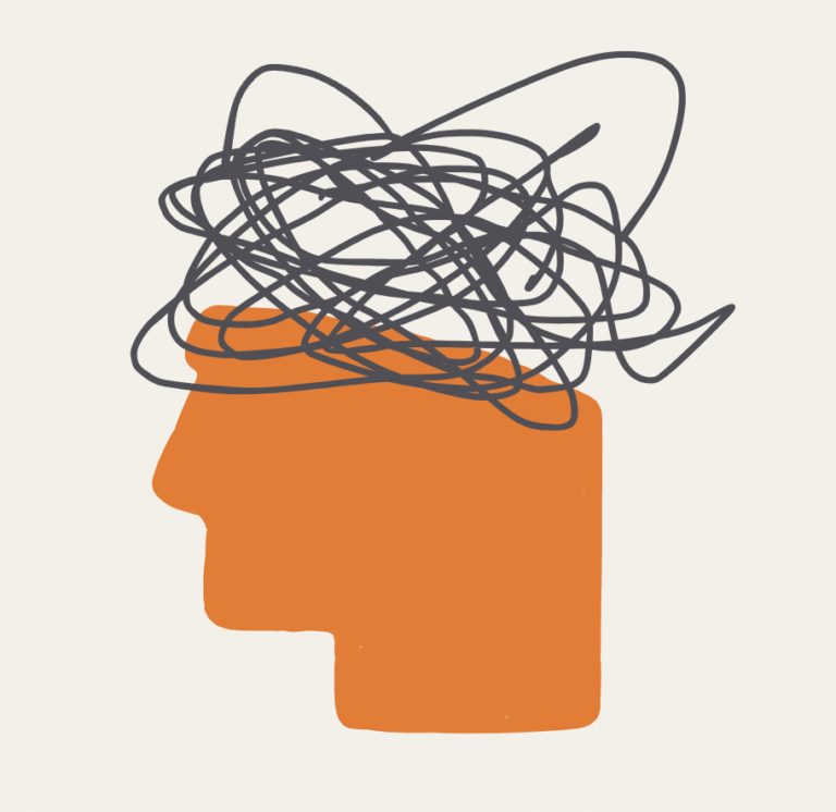 Orange face with mind scribbled. Representing inner critic