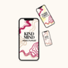 Kind Mind Music Playlist cover with phones displaying wavy pink and beige designs.