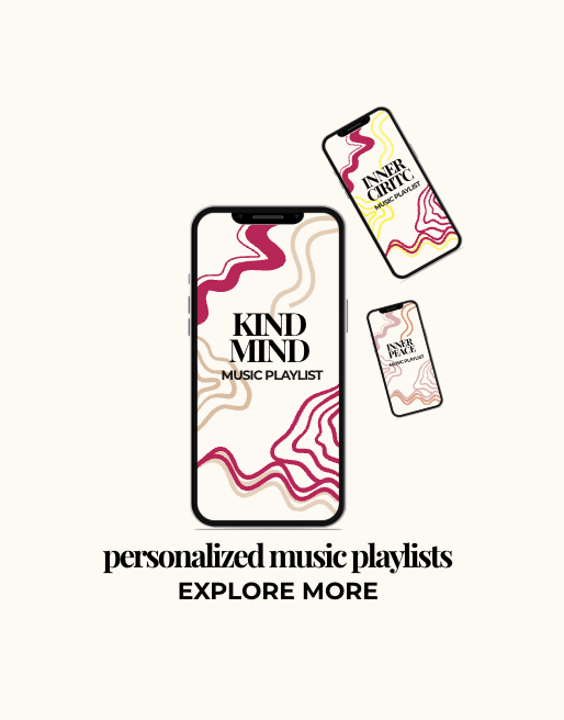 Kind Mind Music Playlist cover with phones displaying wavy pink and beige designs.
