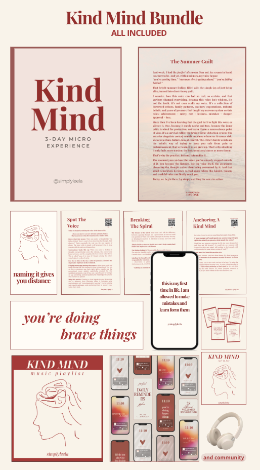 Kind Mind Moodboard featuring affirmations, journal prompts, and a phone mockup in soft beige and red.